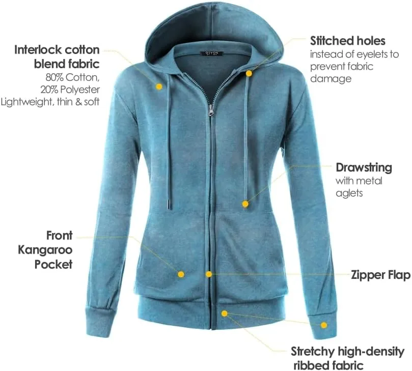 GIVON Basic Lightweight Zip Up Hoodie Long Sleeve Thin Hooded Jacket for Women with Plus Size