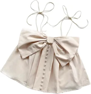 GORGLITTER Women's Bow Font Camisole Tops Button Spaghetti Strap Smocked Ruffle Cute Cami