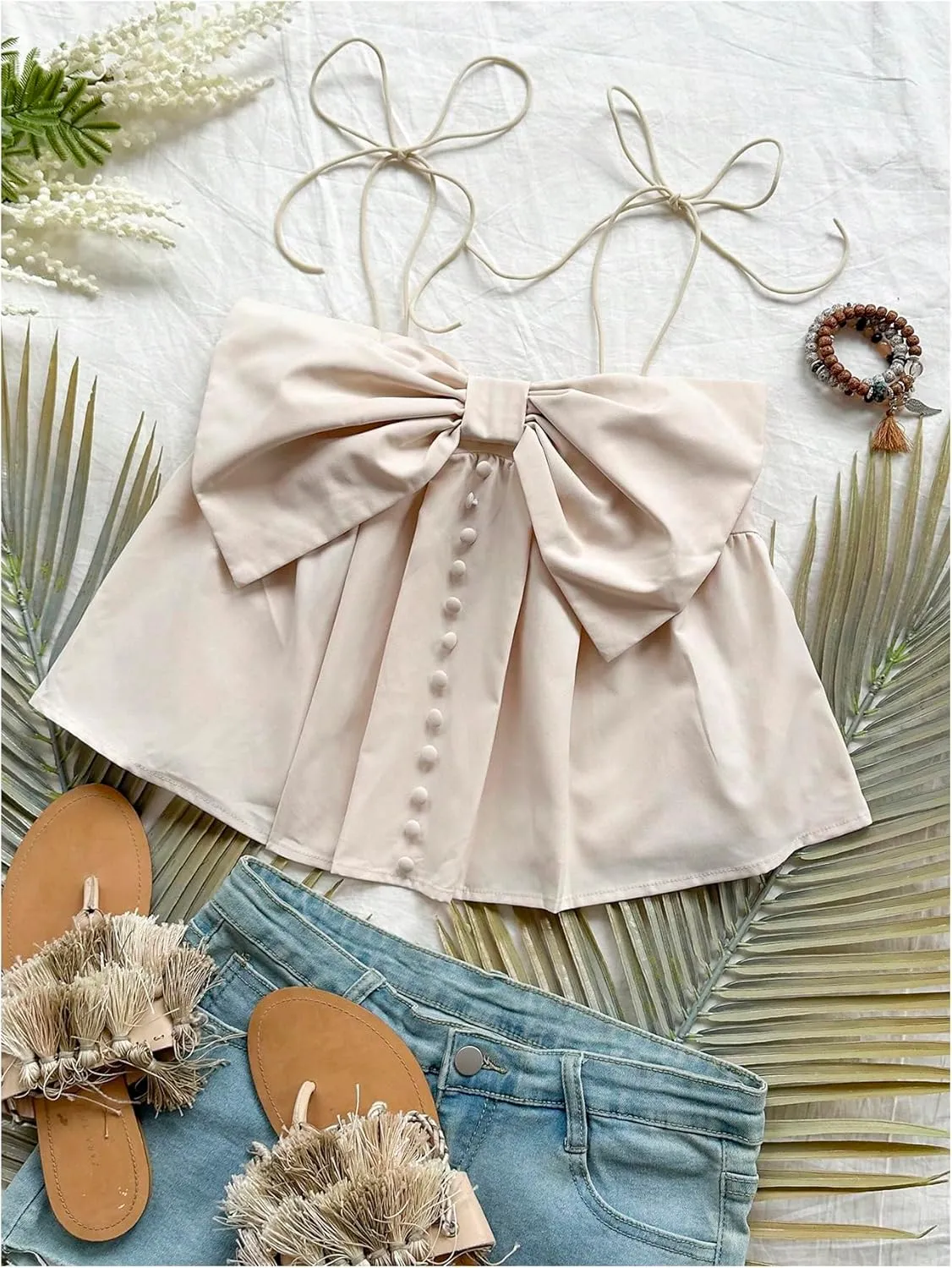 GORGLITTER Women's Bow Font Camisole Tops Button Spaghetti Strap Smocked Ruffle Cute Cami