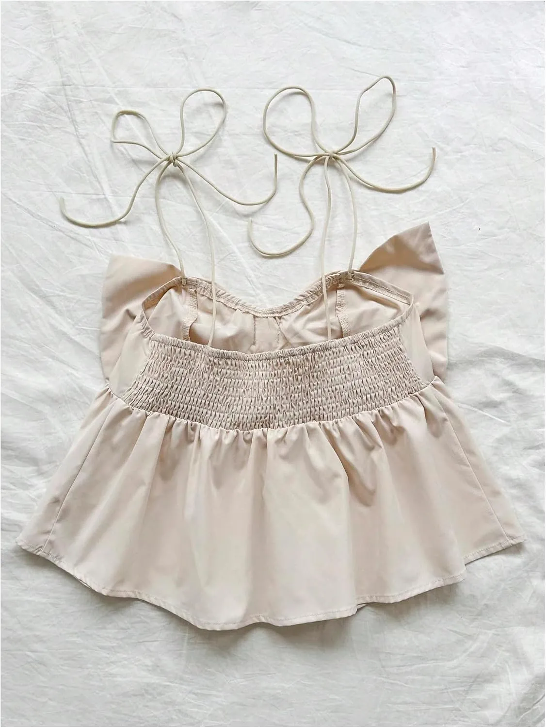 GORGLITTER Women's Bow Font Camisole Tops Button Spaghetti Strap Smocked Ruffle Cute Cami