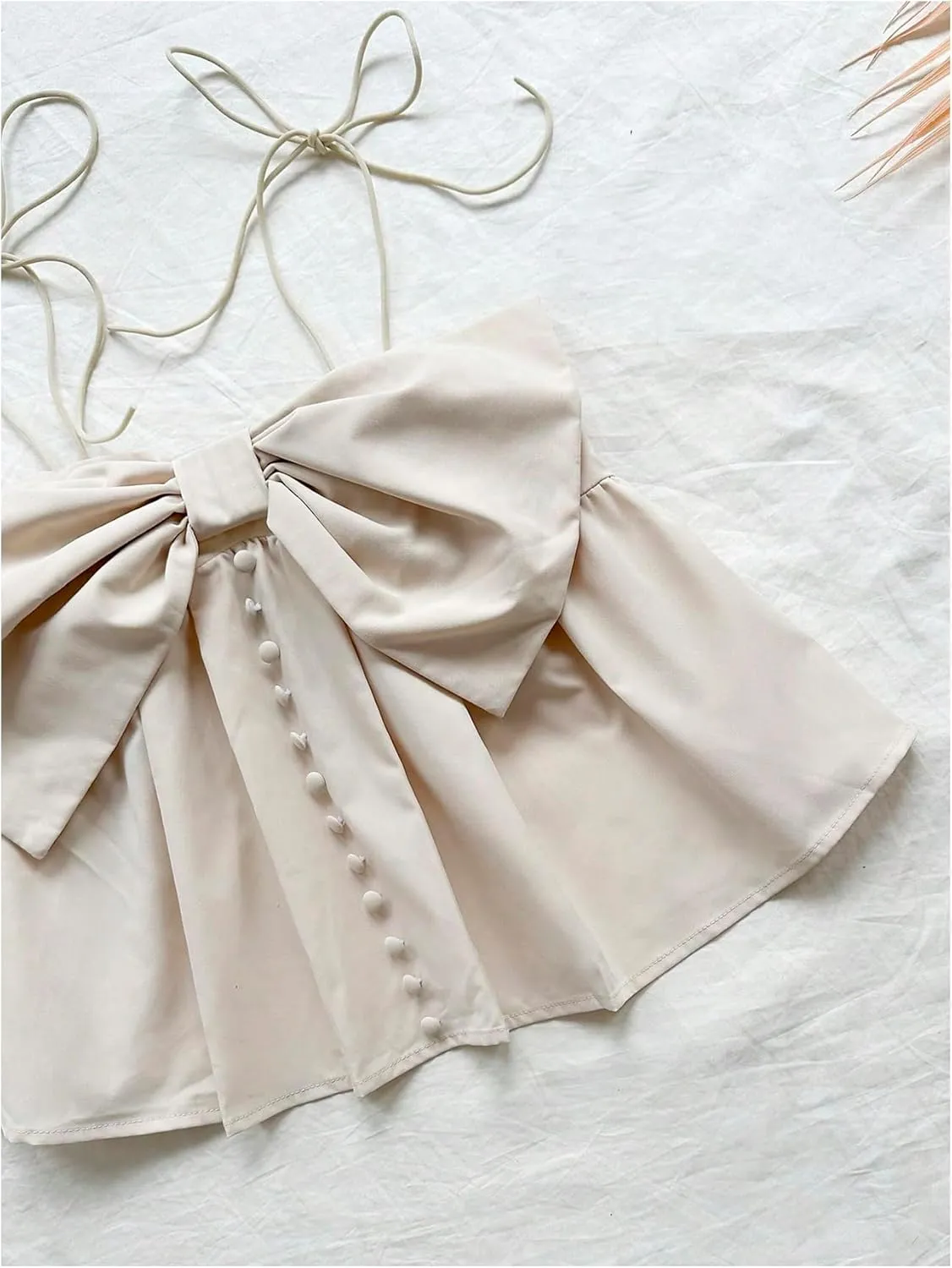 GORGLITTER Women's Bow Font Camisole Tops Button Spaghetti Strap Smocked Ruffle Cute Cami