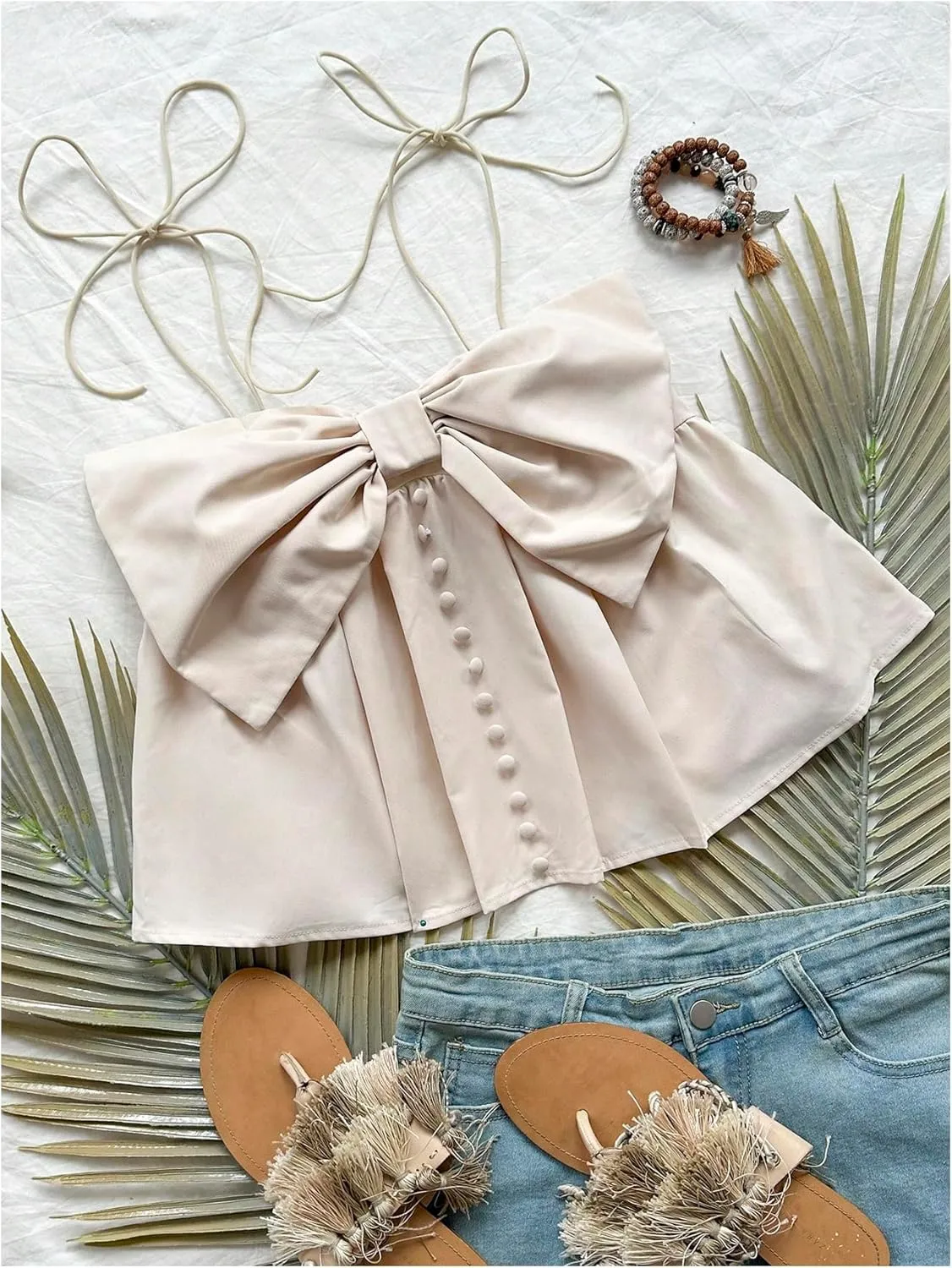 GORGLITTER Women's Bow Font Camisole Tops Button Spaghetti Strap Smocked Ruffle Cute Cami