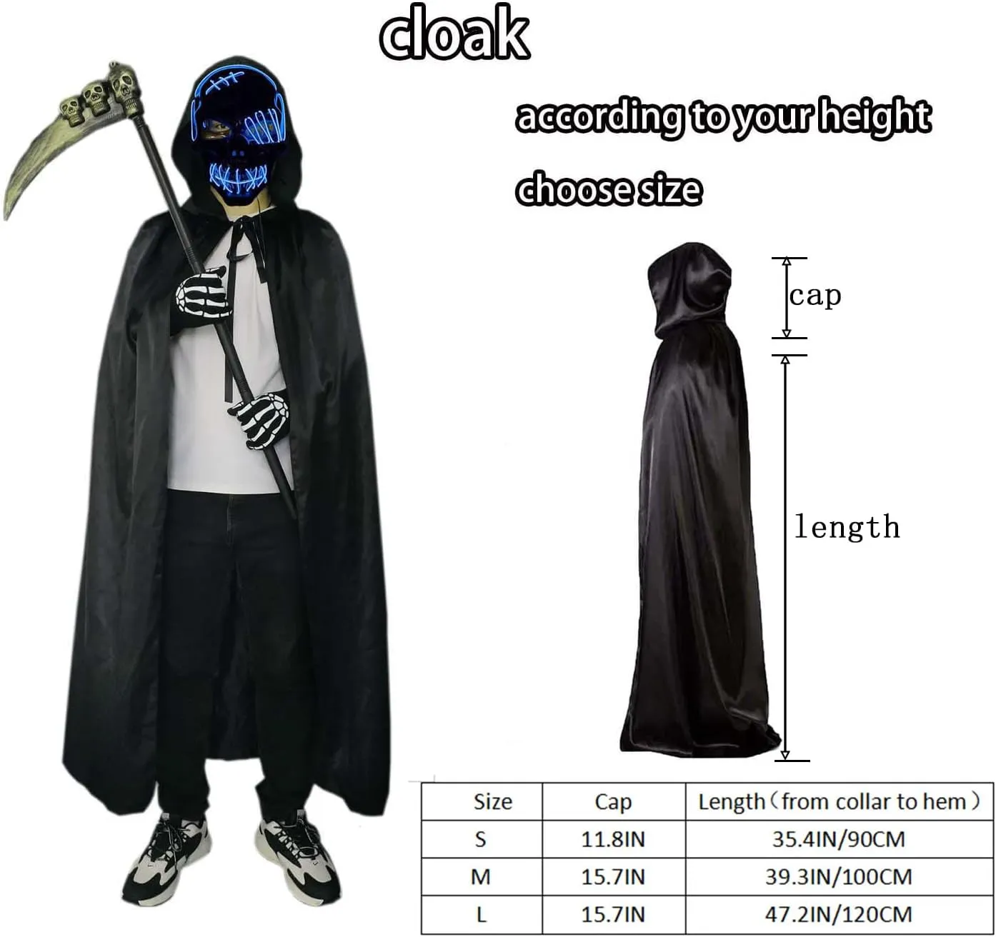 Grim Reaper Costume Halloween Scary Costume for Kids With LED Mask,Cloak,Scythe,Gloves Included