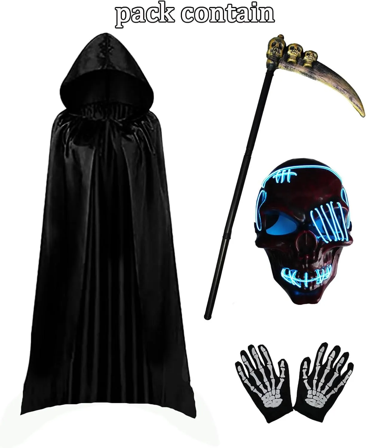 Grim Reaper Costume Halloween Scary Costume for Kids With LED Mask,Cloak,Scythe,Gloves Included