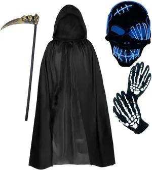 Grim Reaper Costume Halloween Scary Costume for Kids With LED Mask,Cloak,Scythe,Gloves Included