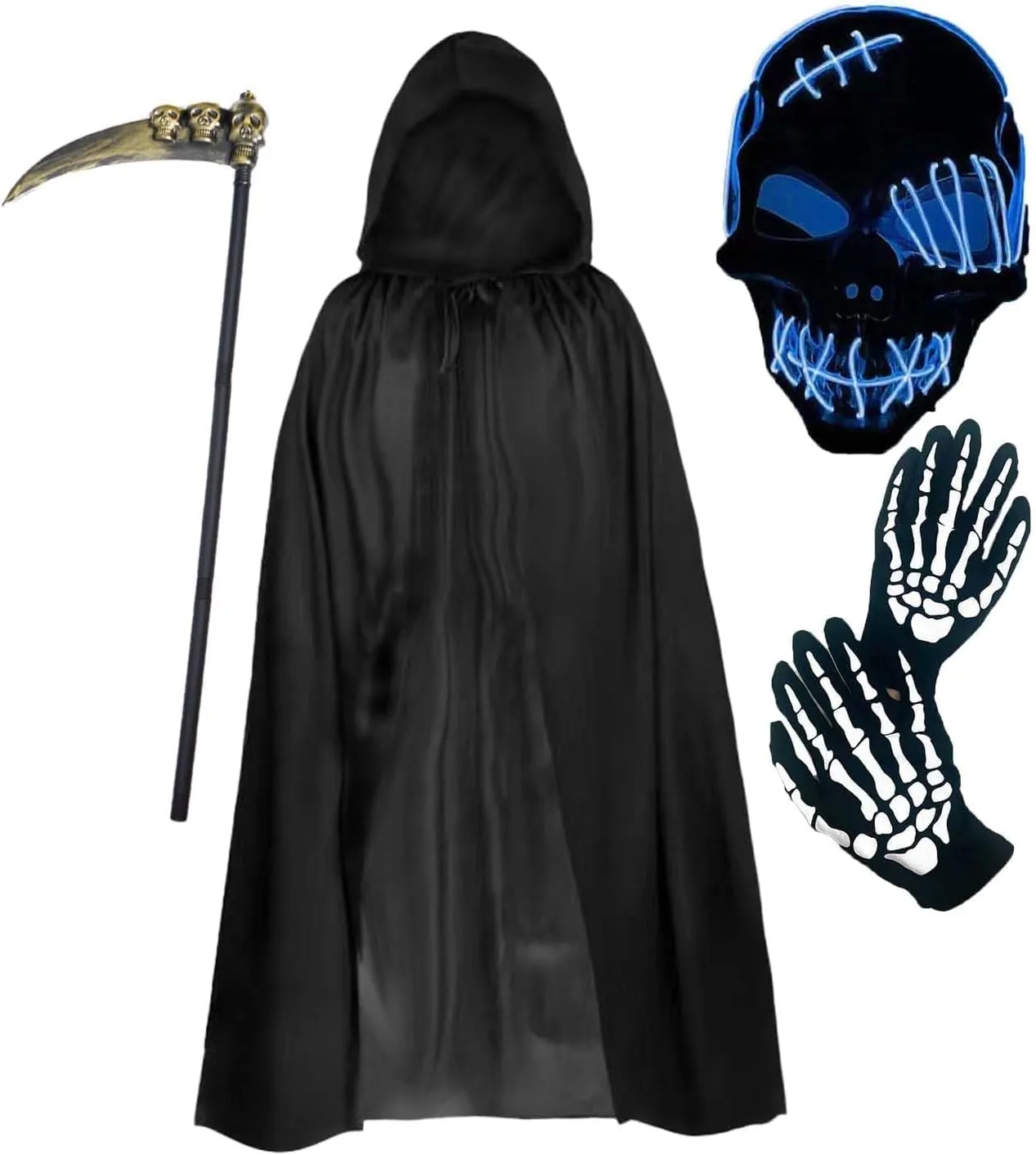 Grim Reaper Costume Halloween Scary Costume for Kids With LED Mask,Cloak,Scythe,Gloves Included