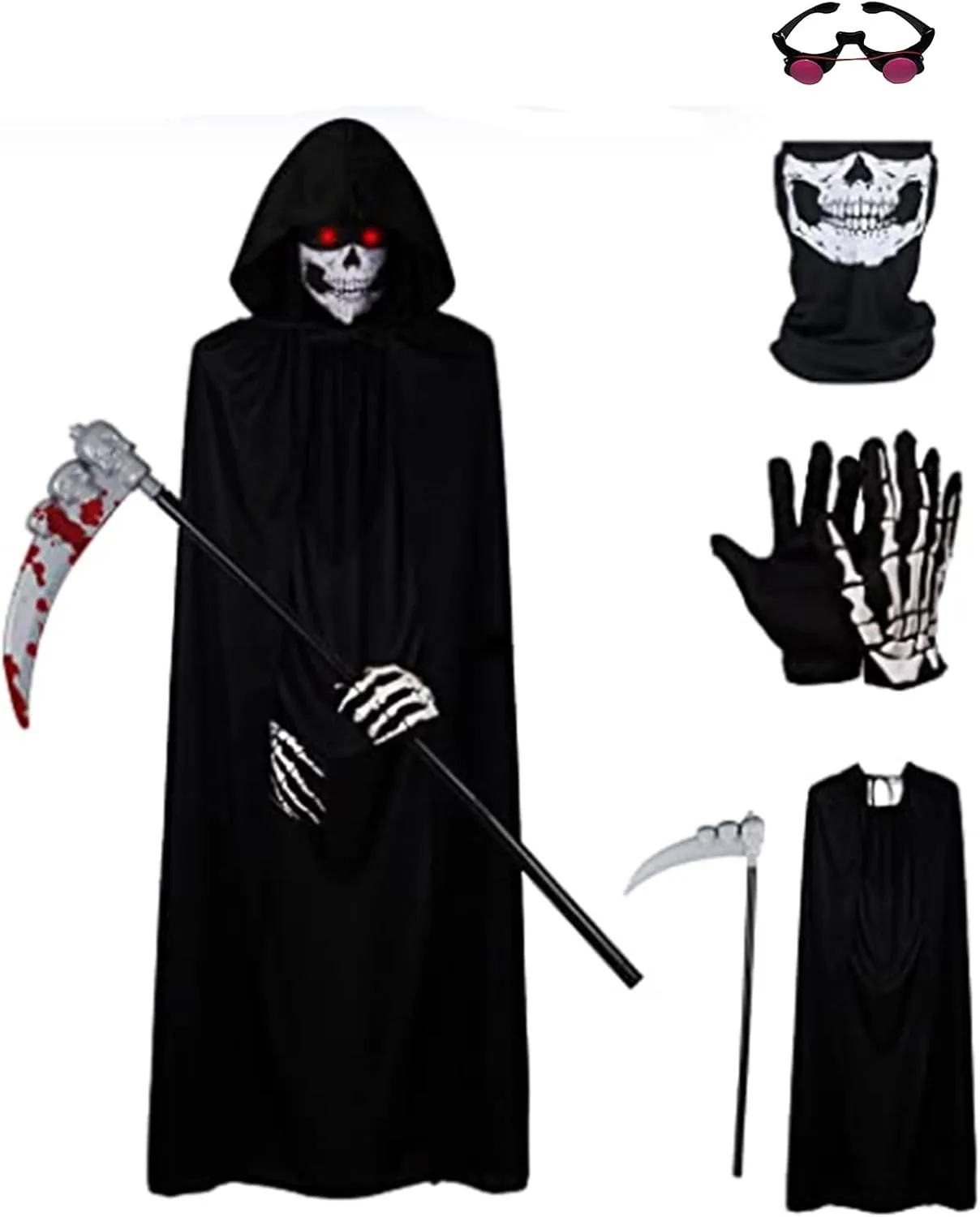 Halloween Cloak Costume for Kids Adults,Death Grim Reaper Robe with Glowing Red Eyes Glasses,Scythe, Facewear, Gloves