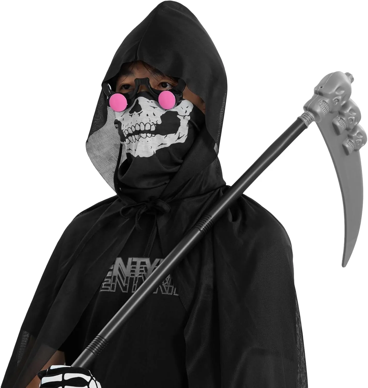 Halloween Cloak Costume for Kids Adults,Death Grim Reaper Robe with Glowing Red Eyes Glasses,Scythe, Facewear, Gloves