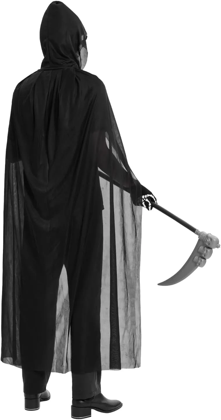 Halloween Cloak Costume for Kids Adults,Death Grim Reaper Robe with Glowing Red Eyes Glasses,Scythe, Facewear, Gloves