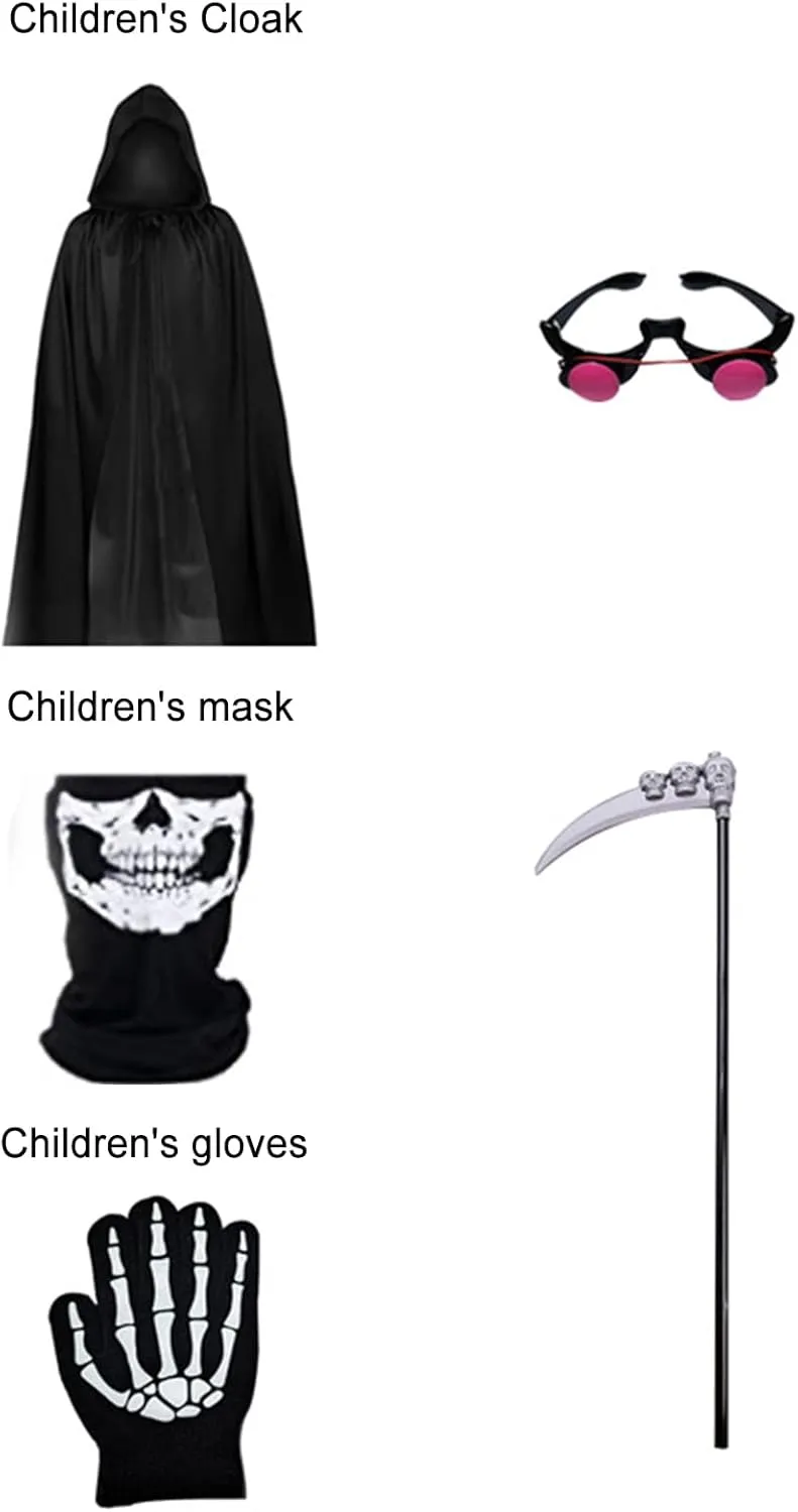 Halloween Cloak Costume for Kids Adults,Death Grim Reaper Robe with Glowing Red Eyes Glasses,Scythe, Facewear, Gloves