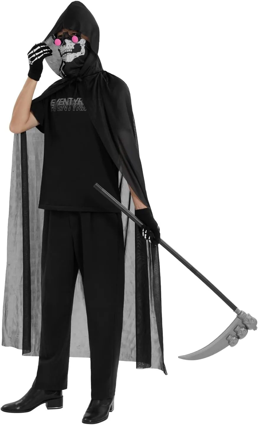 Halloween Cloak Costume for Kids Adults,Death Grim Reaper Robe with Glowing Red Eyes Glasses,Scythe, Facewear, Gloves