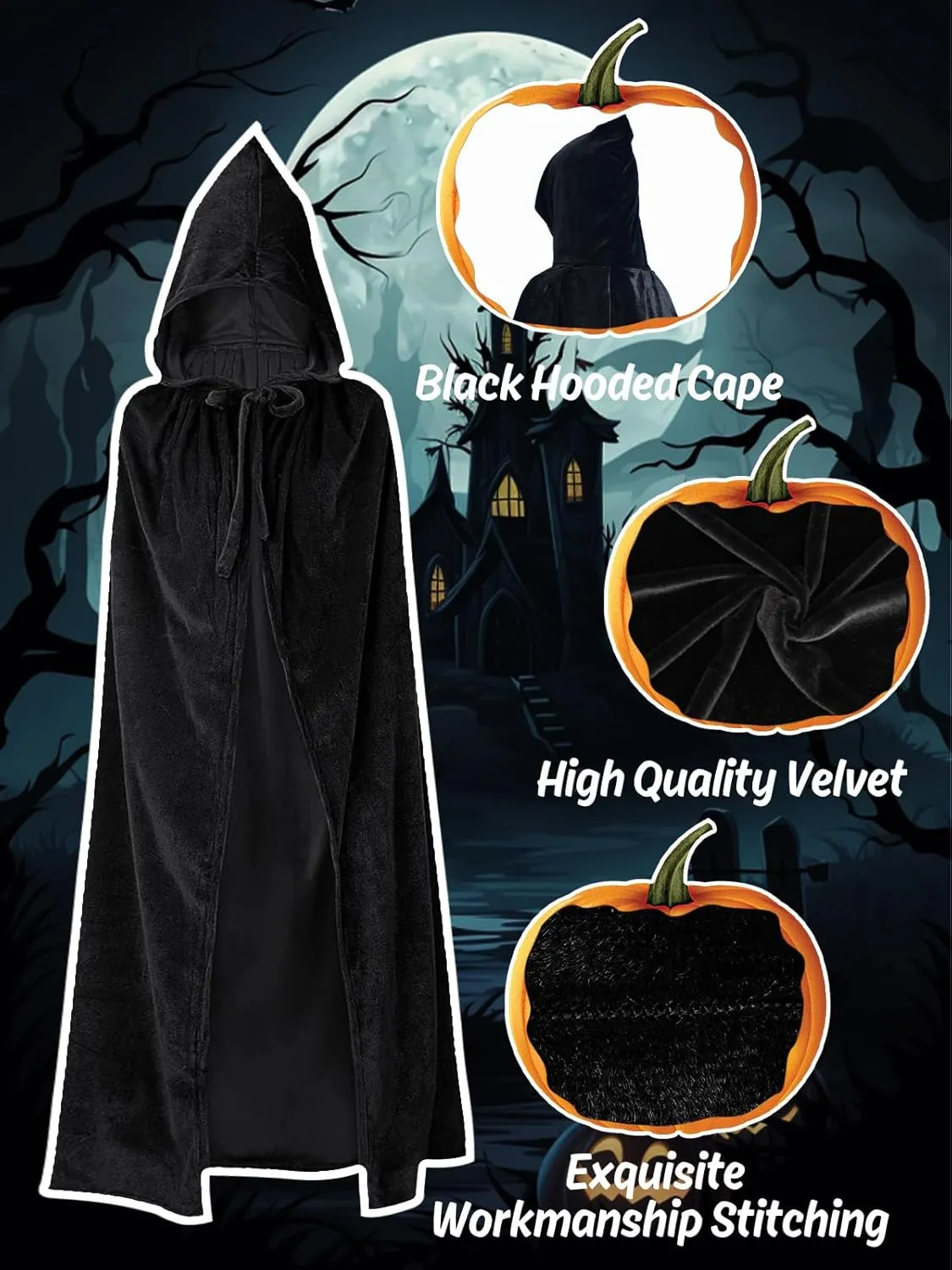 Halloween Grim Reaper Costumes for Boys Adults Black Hooded Cloak Scythe Skull Mask Skeleton Gloves