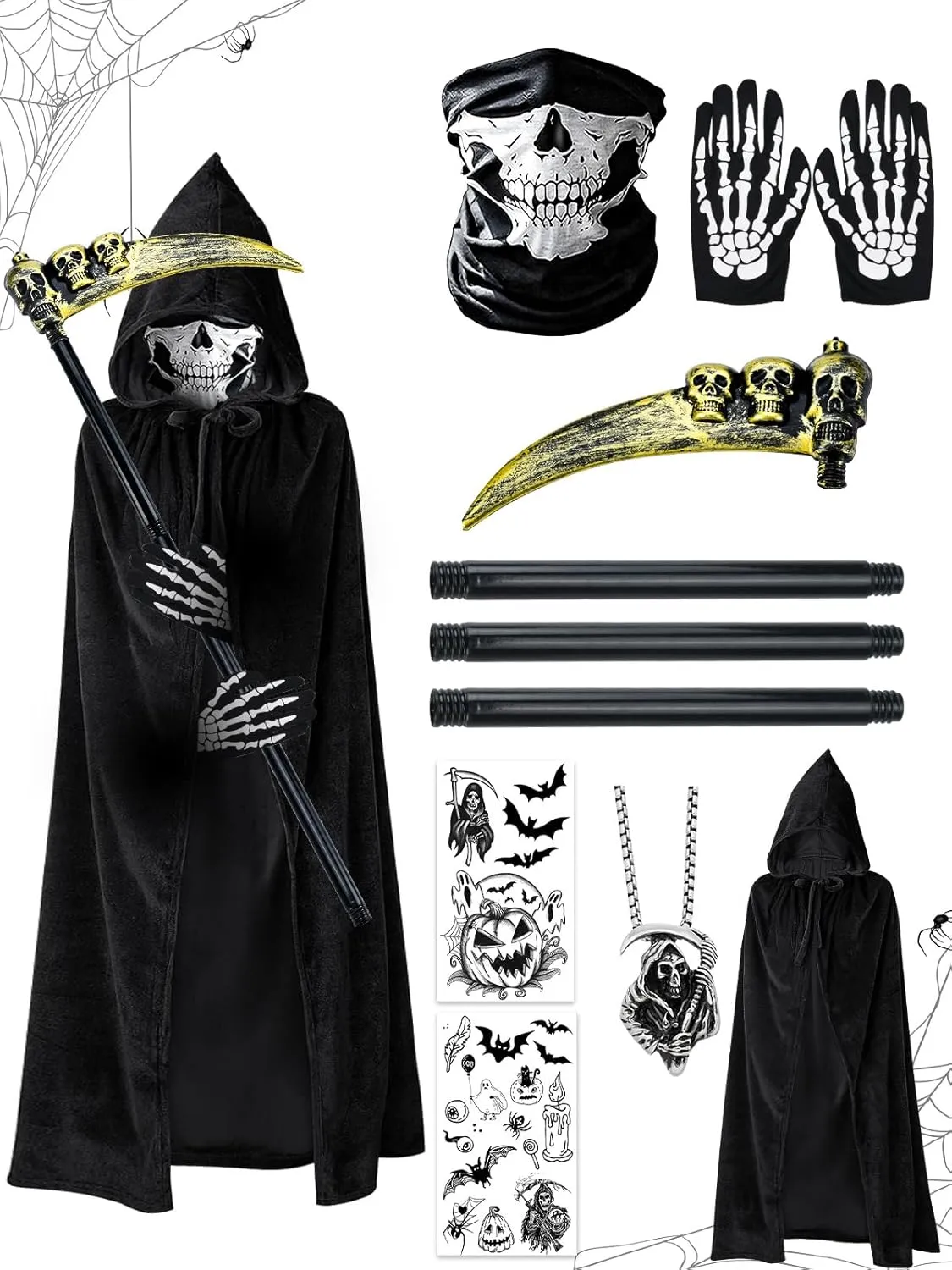 Halloween Grim Reaper Costumes for Boys Adults Black Hooded Cloak Scythe Skull Mask Skeleton Gloves