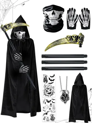 Halloween Grim Reaper Costumes for Boys Adults Black Hooded Cloak Scythe Skull Mask Skeleton Gloves