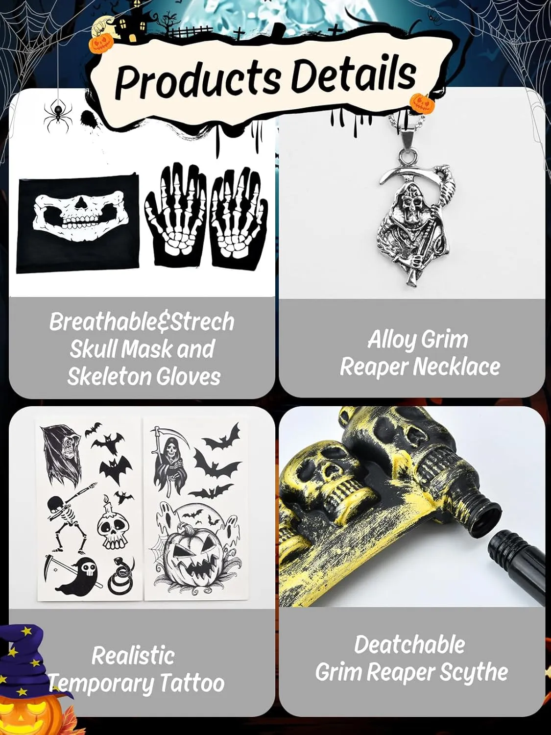 Halloween Grim Reaper Costumes for Boys Adults Black Hooded Cloak Scythe Skull Mask Skeleton Gloves