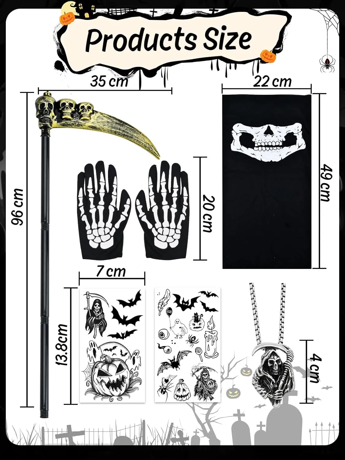 Halloween Grim Reaper Costumes for Boys Adults Black Hooded Cloak Scythe Skull Mask Skeleton Gloves