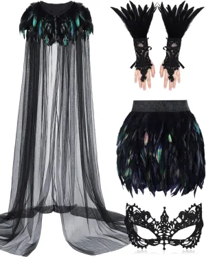 Hercicy 4 Pcs Halloween Cloak Cape Cosplay Black Feather Collar Witch Cape Dress Feather Skirts Lace Long Gloves Witch Spider Web Lace Masquerade Mask for Party Costume