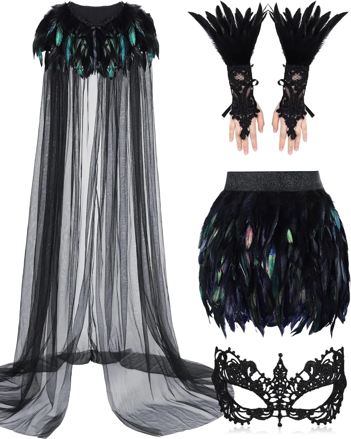 Hercicy 4 Pcs Halloween Cloak Cape Cosplay Black Feather Collar Witch Cape Dress Feather Skirts Lace Long Gloves Witch Spider Web Lace Masquerade Mask for Party Costume