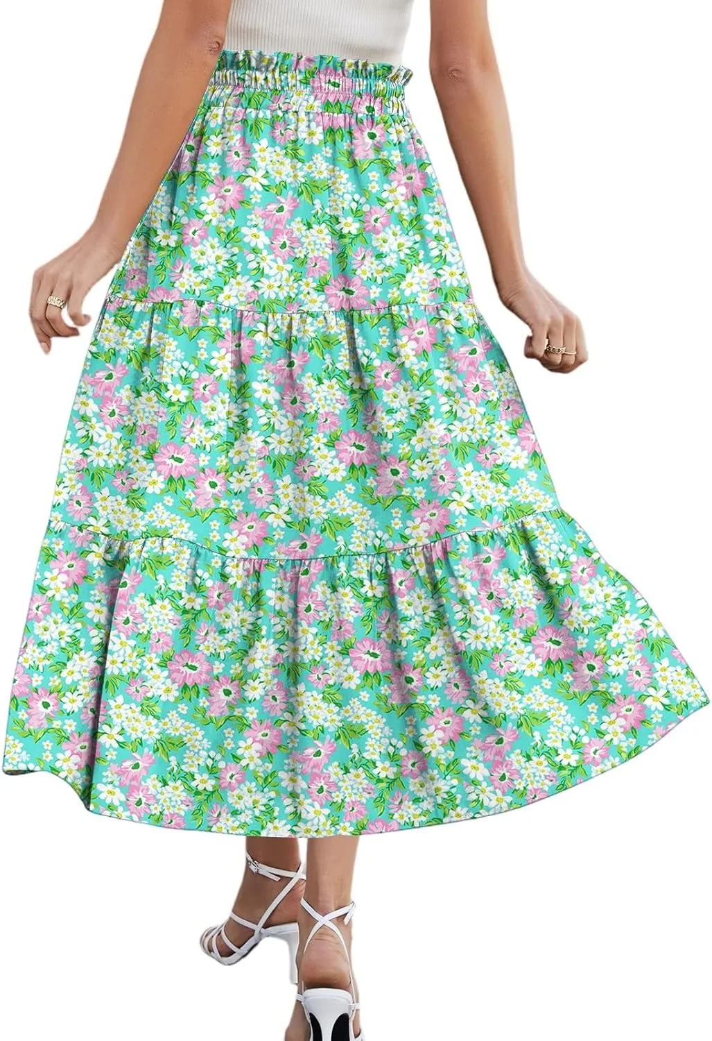 High Waisted Skirts for Women Summer Midi Skirt Drawstring Can Adjust The Waist Size Flowy Floral Boho Trendy Skirt
