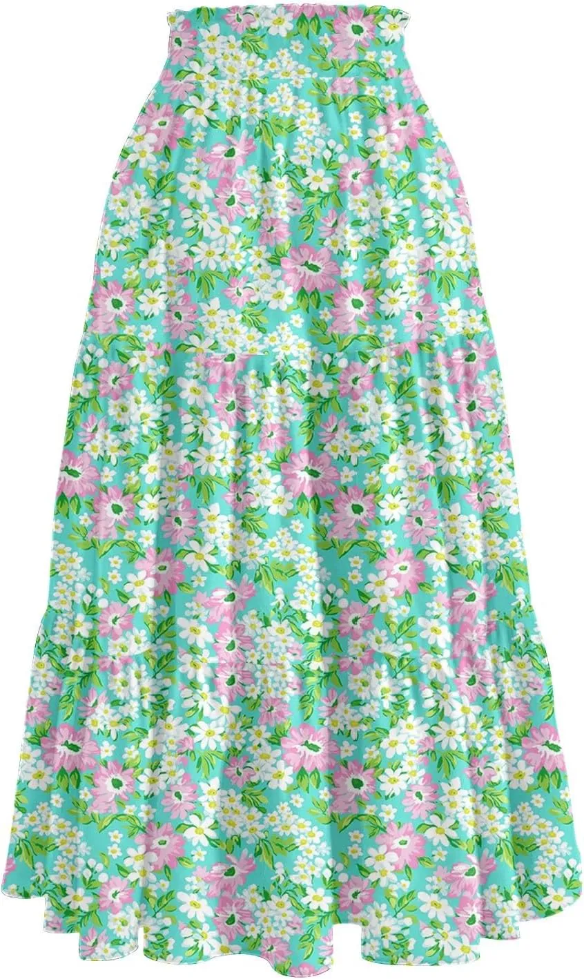 High Waisted Skirts for Women Summer Midi Skirt Drawstring Can Adjust The Waist Size Flowy Floral Boho Trendy Skirt