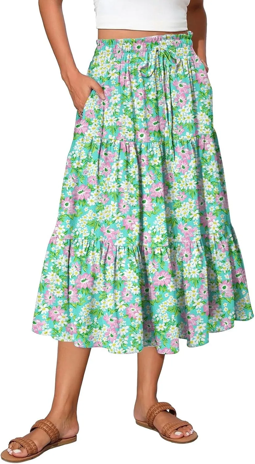 High Waisted Skirts for Women Summer Midi Skirt Drawstring Can Adjust The Waist Size Flowy Floral Boho Trendy Skirt