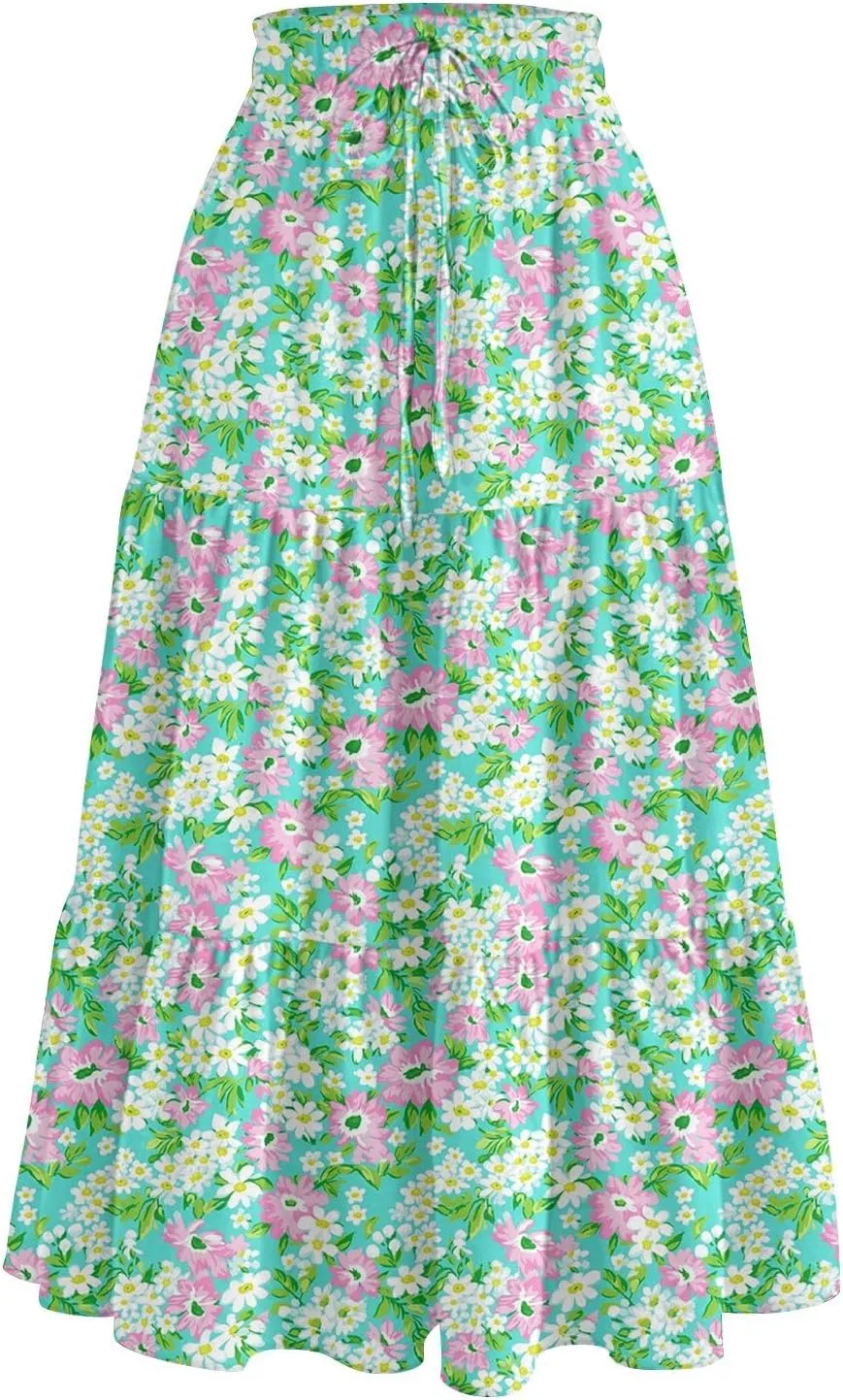 High Waisted Skirts for Women Summer Midi Skirt Drawstring Can Adjust The Waist Size Flowy Floral Boho Trendy Skirt