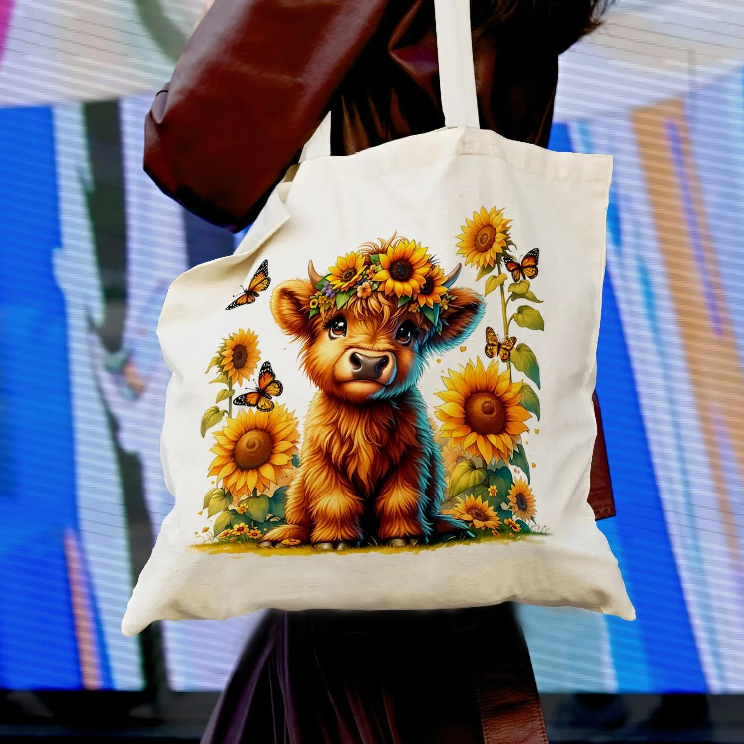 Highland Cow Canvas Tote Bag, Western Coquette Christmas Gifts for Women Cow Lovers