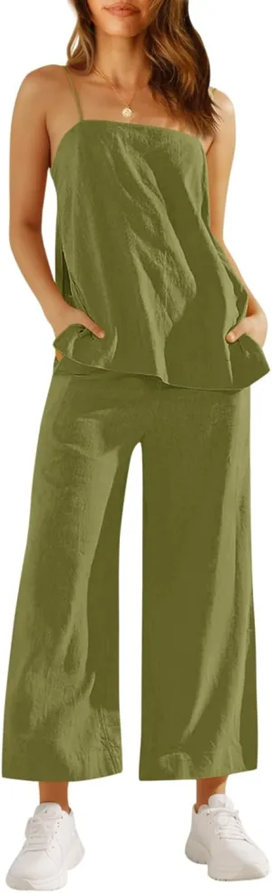 Imily Bela Womens 2 Piece Outfits Linen Set Camisole Tops and Wide Leg Pants Vacation Matching Loungewear