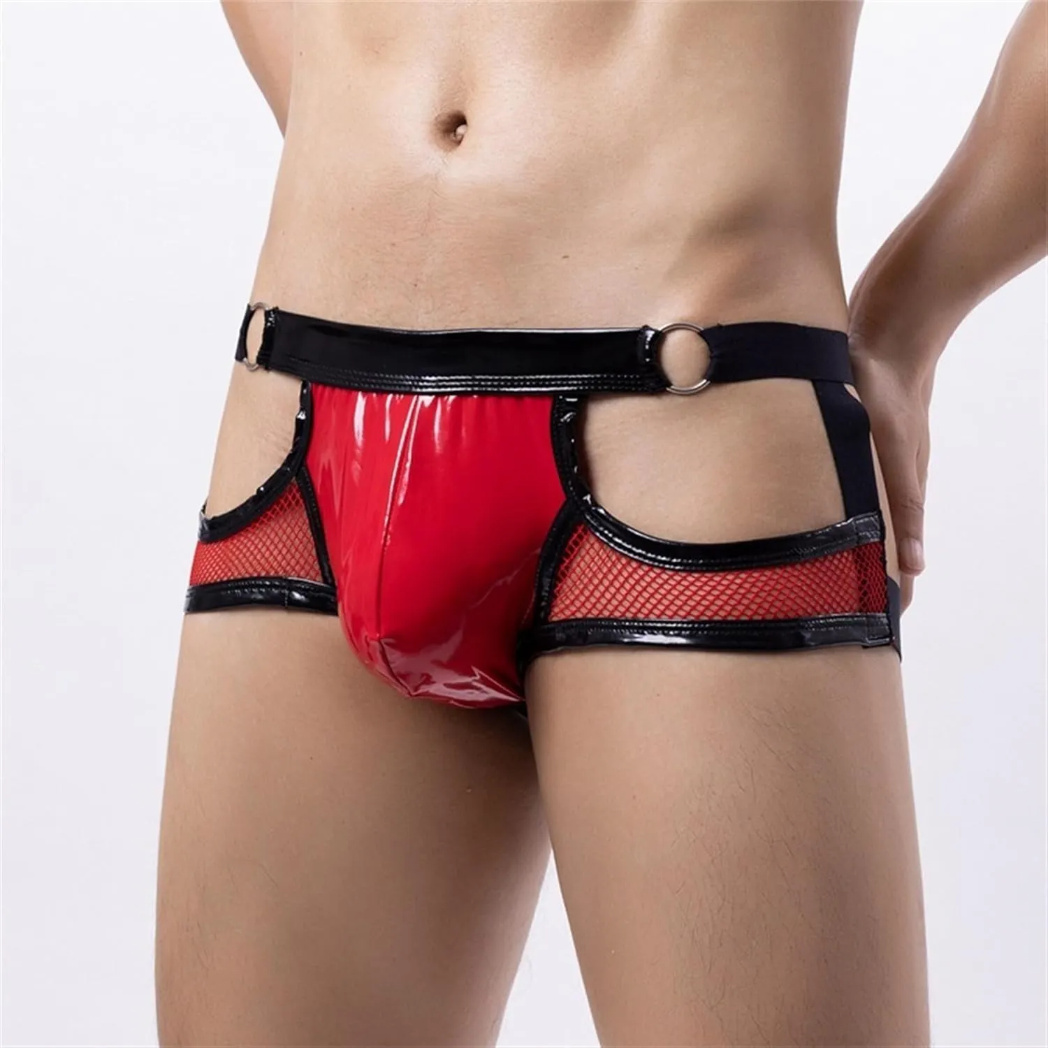 JEKE-DG Men's Leather Hollow Out Boxer Briefs See Through Mesh Shorts Pants Low Rise Breathable Clubwear Underwear