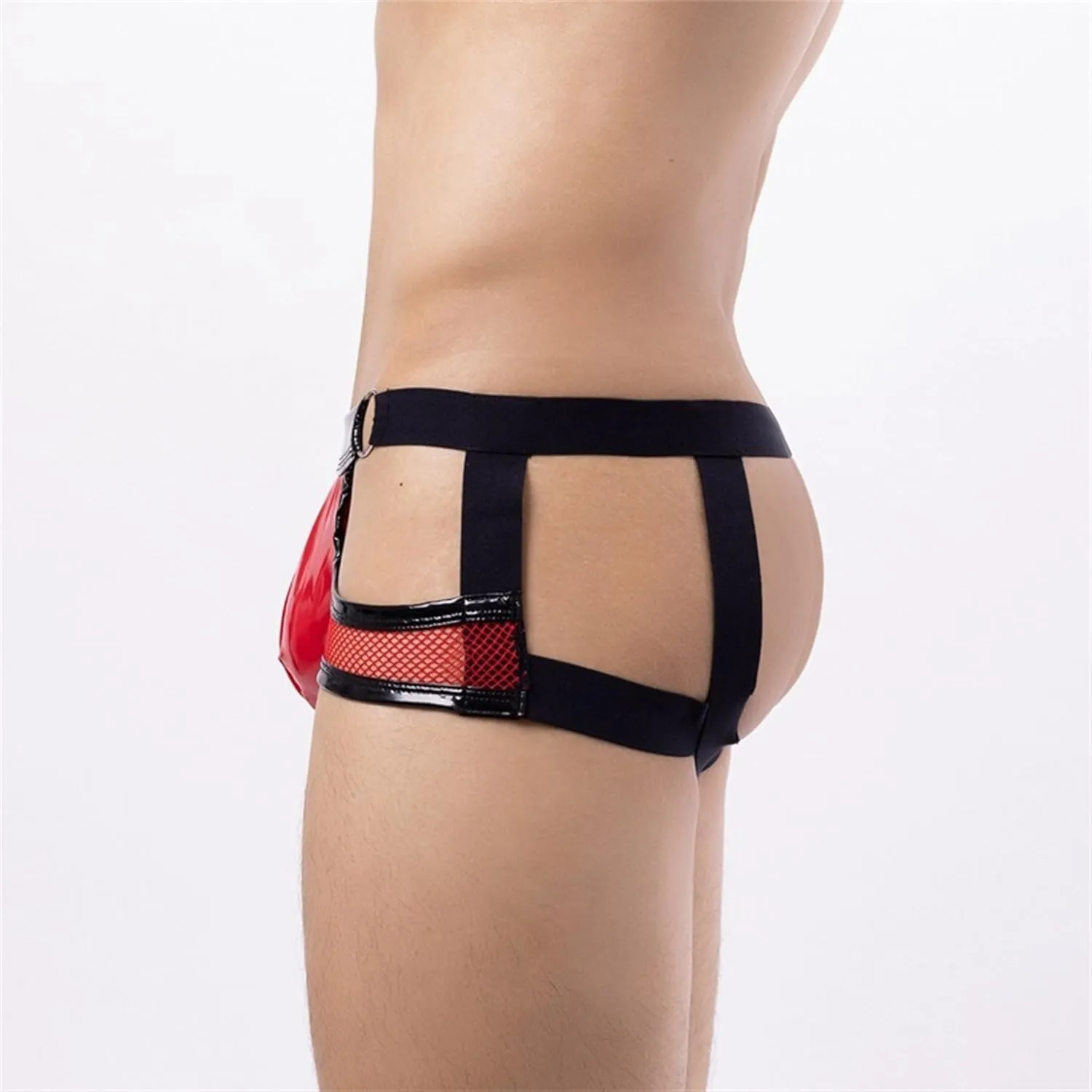 JEKE-DG Men's Leather Hollow Out Boxer Briefs See Through Mesh Shorts Pants Low Rise Breathable Clubwear Underwear