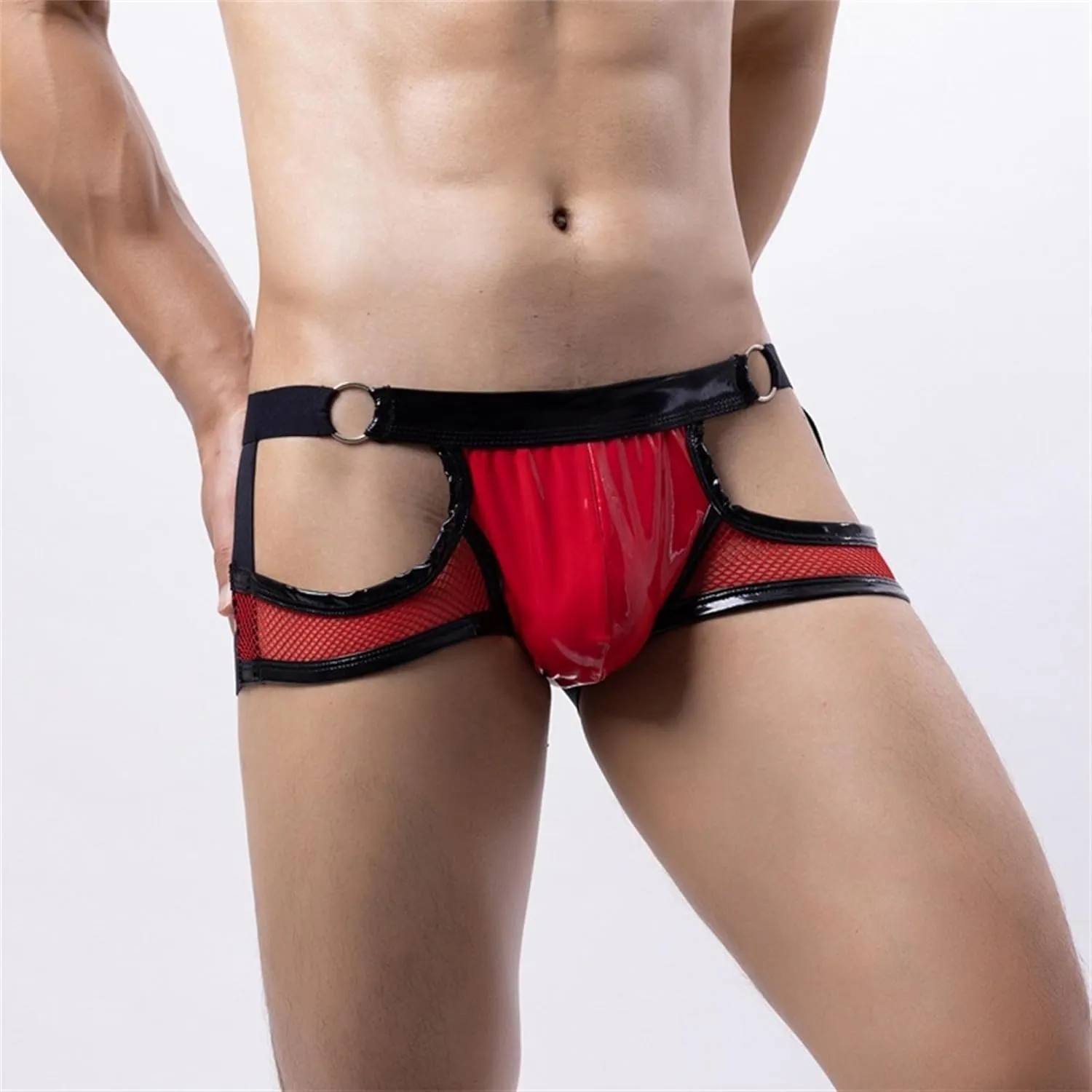 JEKE-DG Men's Leather Hollow Out Boxer Briefs See Through Mesh Shorts Pants Low Rise Breathable Clubwear Underwear