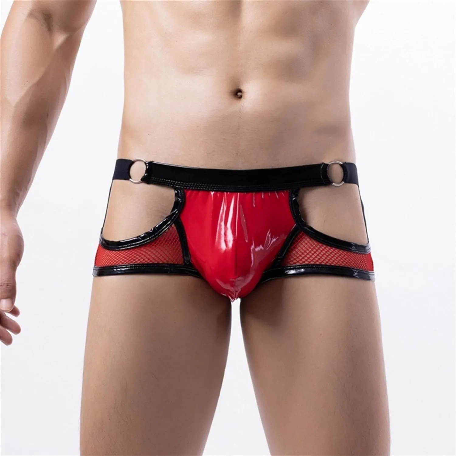 JEKE-DG Men's Leather Hollow Out Boxer Briefs See Through Mesh Shorts Pants Low Rise Breathable Clubwear Underwear