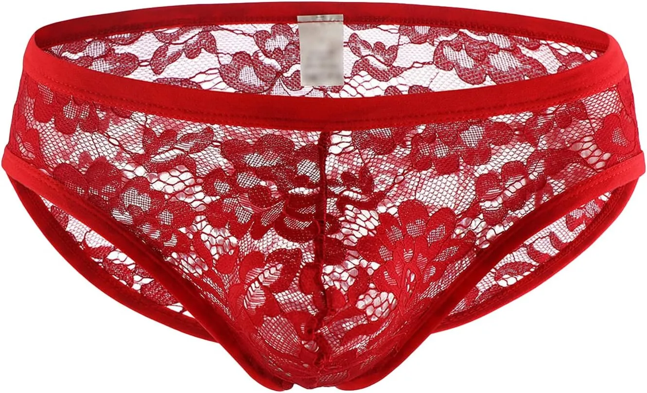 JEsilunmaMY Low Rise Briefs for Men Lace Sheer Breathable Pouch Underwear See Through Sexy Lingerie Sissy Panties Bikini