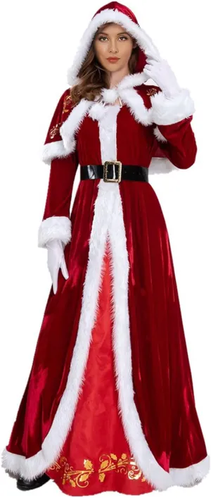 JEYPINMI Women's Long Mrs Claus Cape Santa Cloak Red Velvet Hooded Christmas Robe Costume