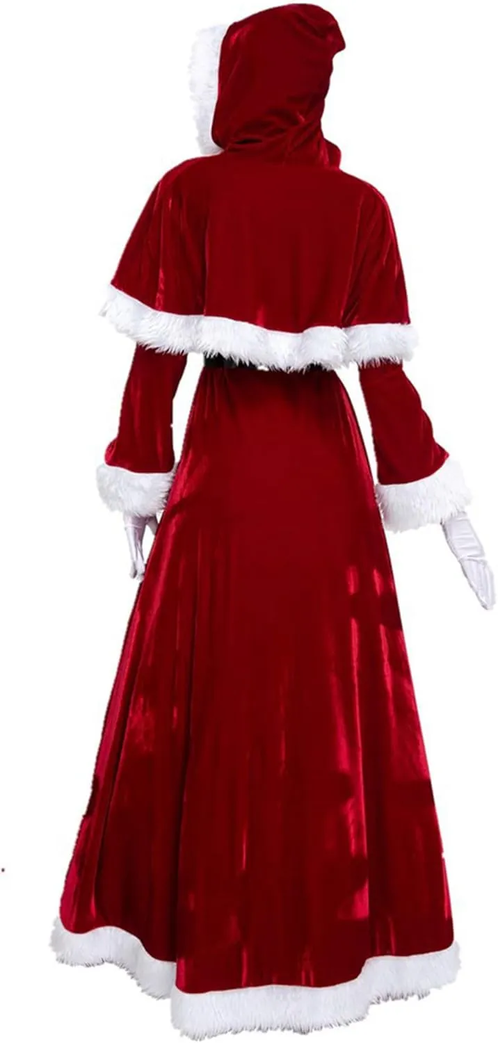 JEYPINMI Women's Long Mrs Claus Cape Santa Cloak Red Velvet Hooded Christmas Robe Costume