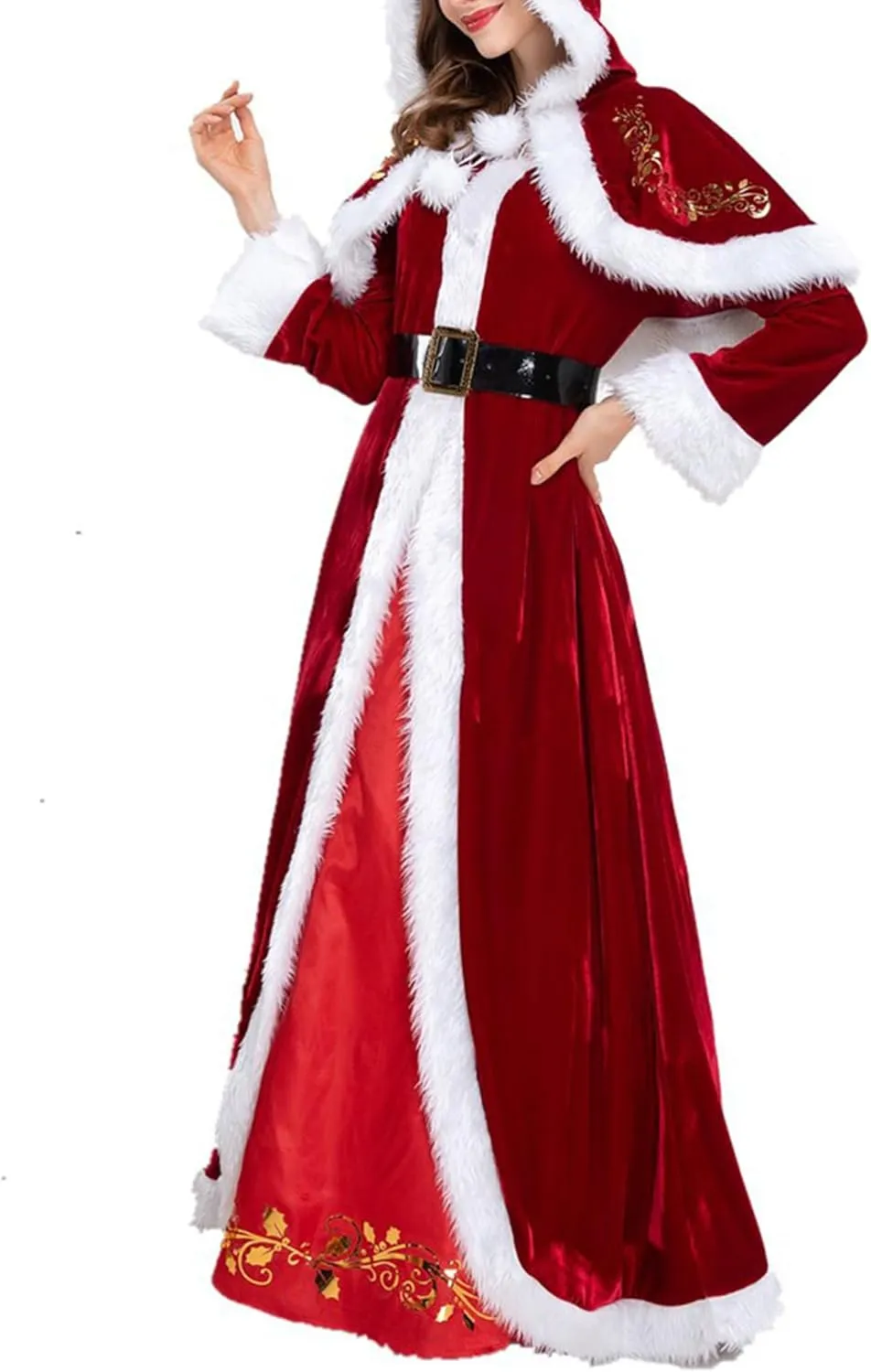 JEYPINMI Women's Long Mrs Claus Cape Santa Cloak Red Velvet Hooded Christmas Robe Costume