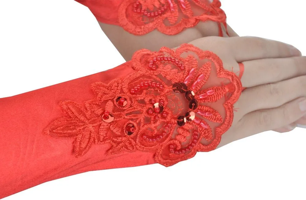 JISEN Women 20s Satin gloves Formal Bridal Banquet Party Wedding Opera Colorful Mitten