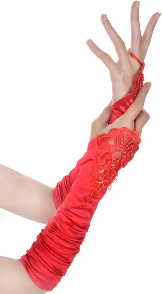 JISEN Women 20s Satin gloves Formal Bridal Banquet Party Wedding Opera Colorful Mitten