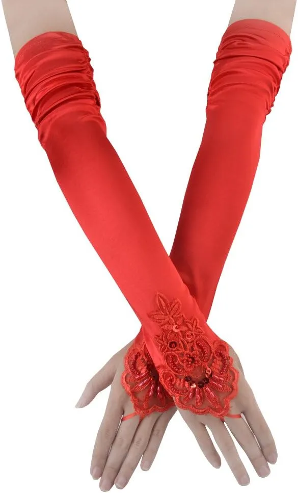 JISEN Women 20s Satin gloves Formal Bridal Banquet Party Wedding Opera Colorful Mitten