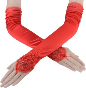 JISEN Women 20s Satin gloves Formal Bridal Banquet Party Wedding Opera Colorful Mitten