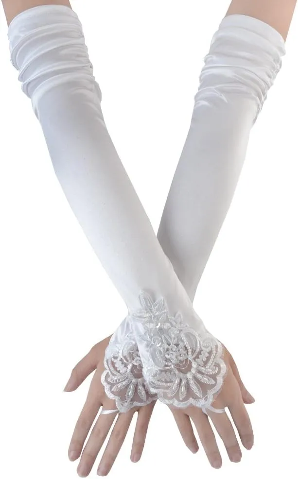 JISEN Women 20s Satin gloves Formal Bridal Banquet Party Wedding Opera Colorful Mitten