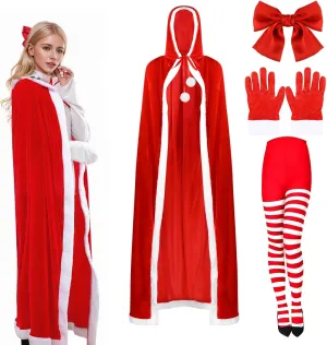 Kavoc Christmas Santa Cloak Costume Set Red Velvet Hooded Cape Gloves Socks Bow Headband Hair Clip for Women Xmas Dress Up Accessories (Adult)
