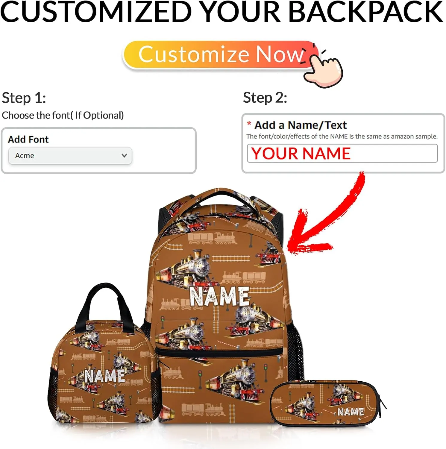 Kids Backpack for Boys School - Set of 3 Custom Steam Train Bookbag for Kindergarten Elementary Primary Middle College - 17 Inch Personalized Durable Backpacks