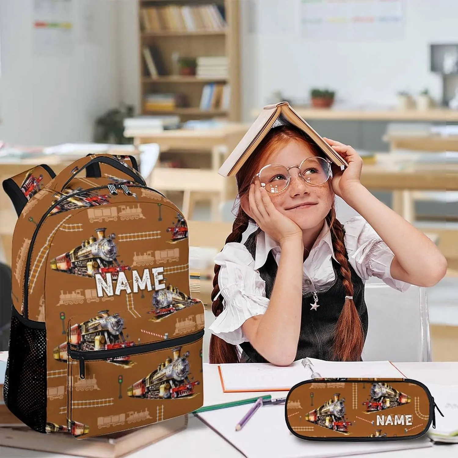 Kids Backpack for Boys School - Set of 3 Custom Steam Train Bookbag for Kindergarten Elementary Primary Middle College - 17 Inch Personalized Durable Backpacks