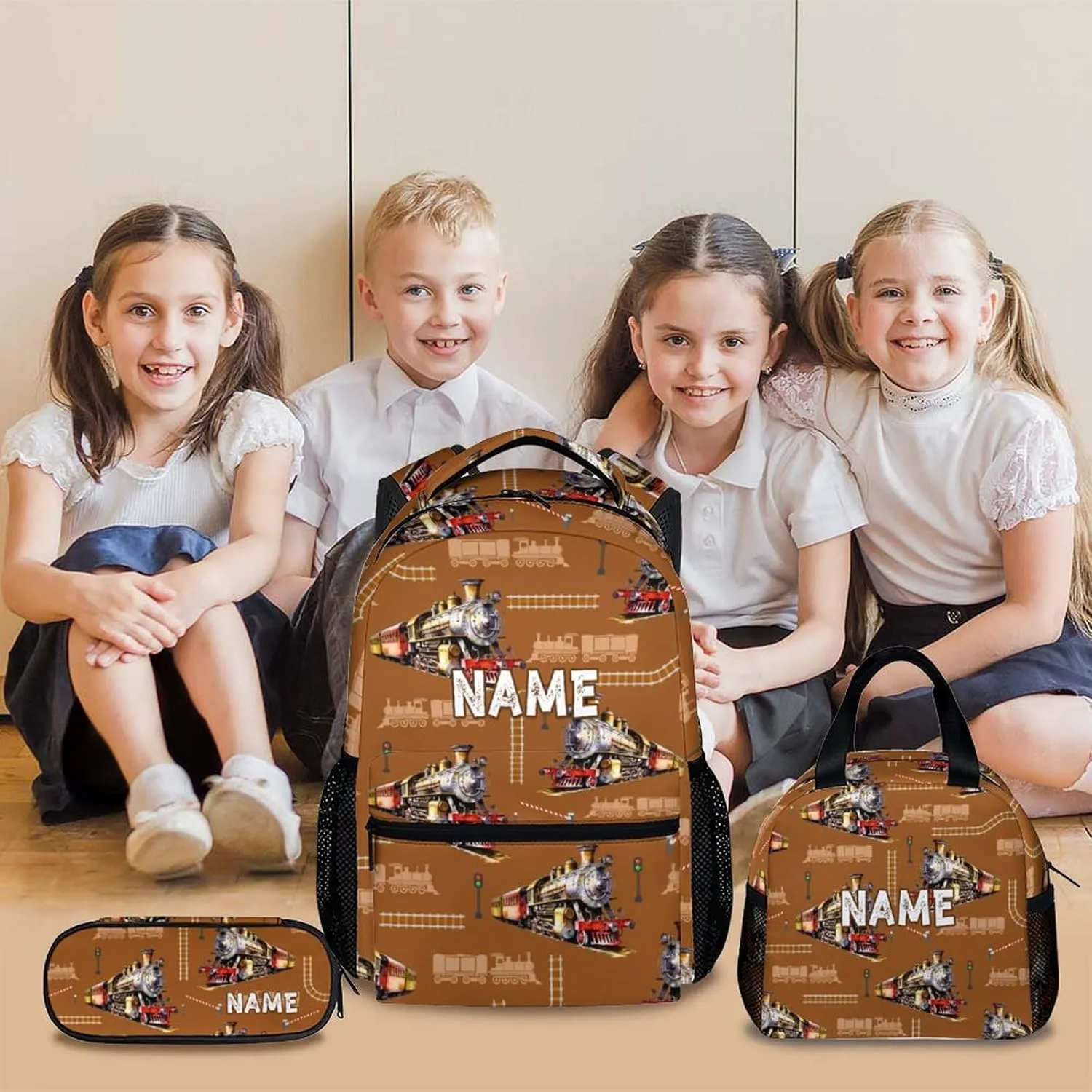 Kids Backpack for Boys School - Set of 3 Custom Steam Train Bookbag for Kindergarten Elementary Primary Middle College - 17 Inch Personalized Durable Backpacks