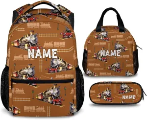 Kids Backpack for Boys School - Set of 3 Custom Steam Train Bookbag for Kindergarten Elementary Primary Middle College - 17 Inch Personalized Durable Backpacks