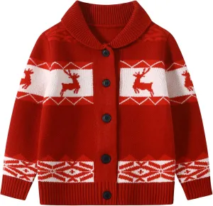 Kids Boys Girls Christmas Cardigans Ugly Xmas Sweaters Reindeer Snowflake Shawl Collar Knitted Cardigan Sweater