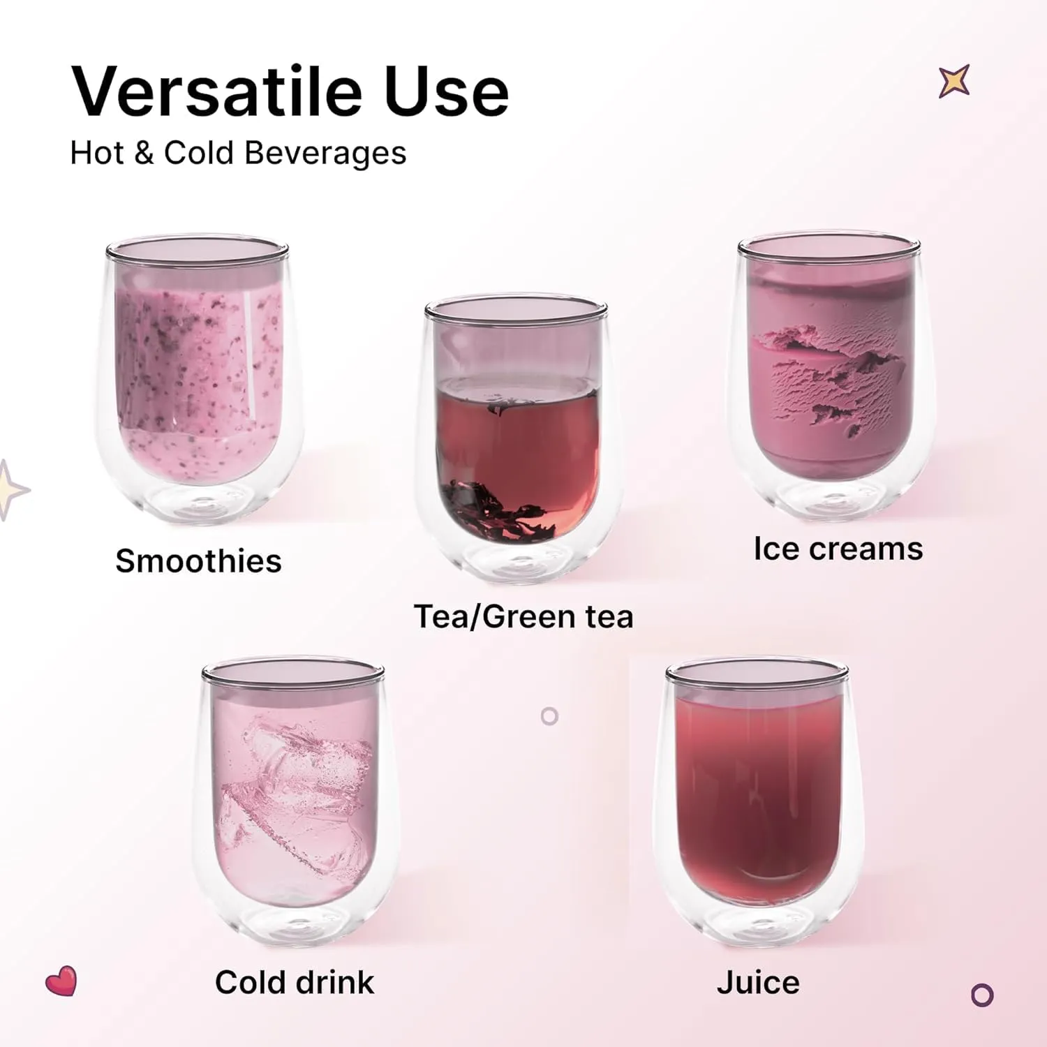 Kuber Industries 8 Pcs Double Walled Borosilicate Glass | High Thermal Resistance | Microwave & Dishwasher Safe | 190 ML | Pack of 4 | Pink
