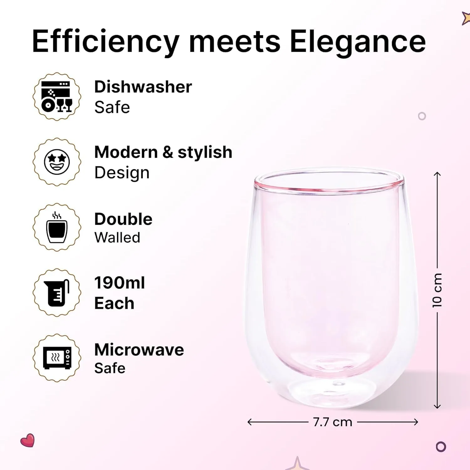 Kuber Industries 8 Pcs Double Walled Borosilicate Glass | High Thermal Resistance | Microwave & Dishwasher Safe | 190 ML | Pack of 4 | Pink