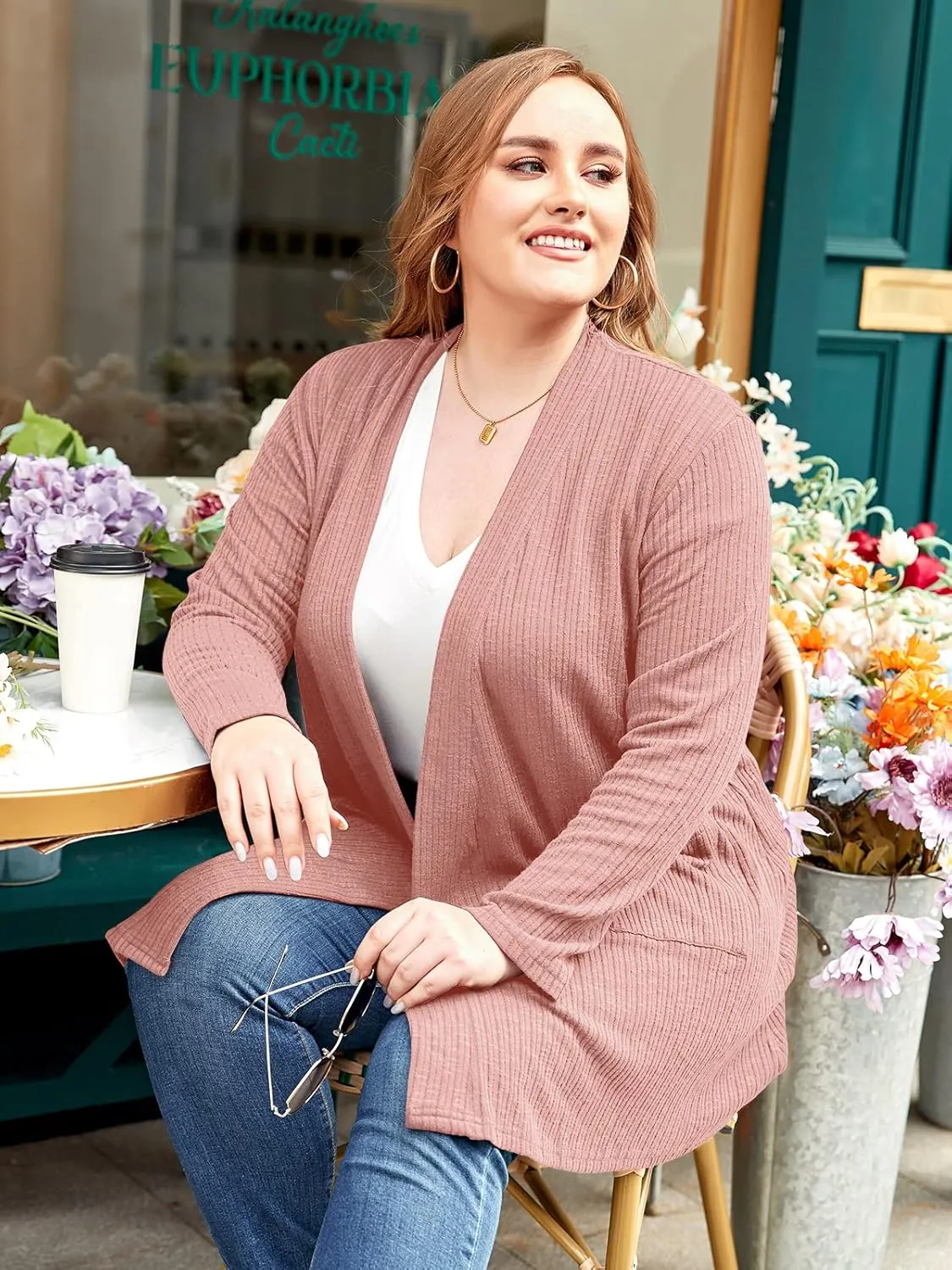 LARACE Open Front Knit Cardigan Sweaters for Women Plus Size Long Sleeve Tops with Pockets Lightweight for Winter